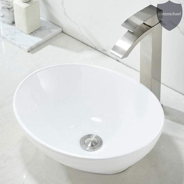 Menggutong 13'' White Ceramic Oval Vessel Bathroom Sink with Faucet